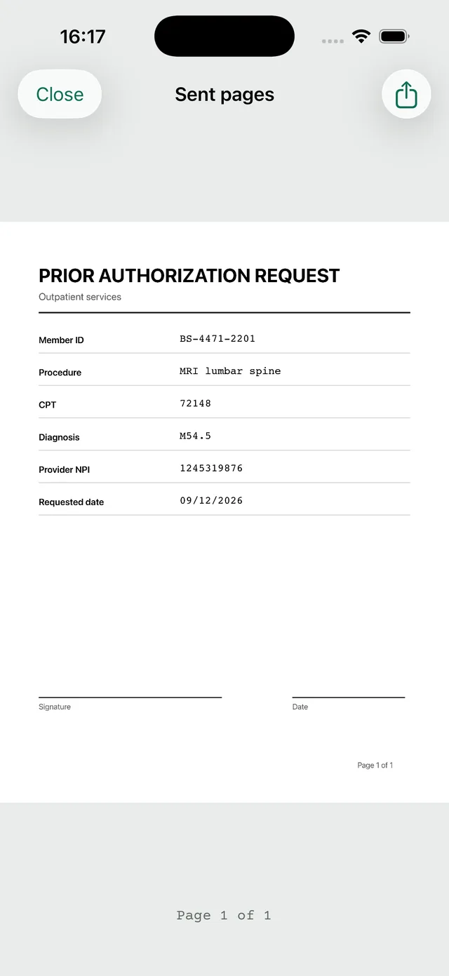 Faxvio preview of two scanned pages rendered in black and white as the receiving fax machine will print them