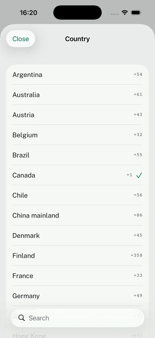 Faxvio country picker listing Argentina +54, Australia +61, Austria +43, Belgium +32, Brazil +55, Canada +1, Chile +56, China mainland +86, Denmark +45, Finland +358, France +33 and Germany +49