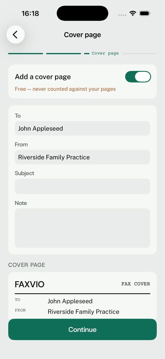 Faxvio cover page screen with To, From, Subject and Note fields and a preview of the generated cover page