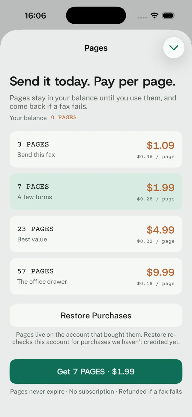 Faxvio Page Store: four packs of 3, 7, 23 and 57 pages priced $1.09, $1.99, $4.99 and $9.99, with the per-page price under each